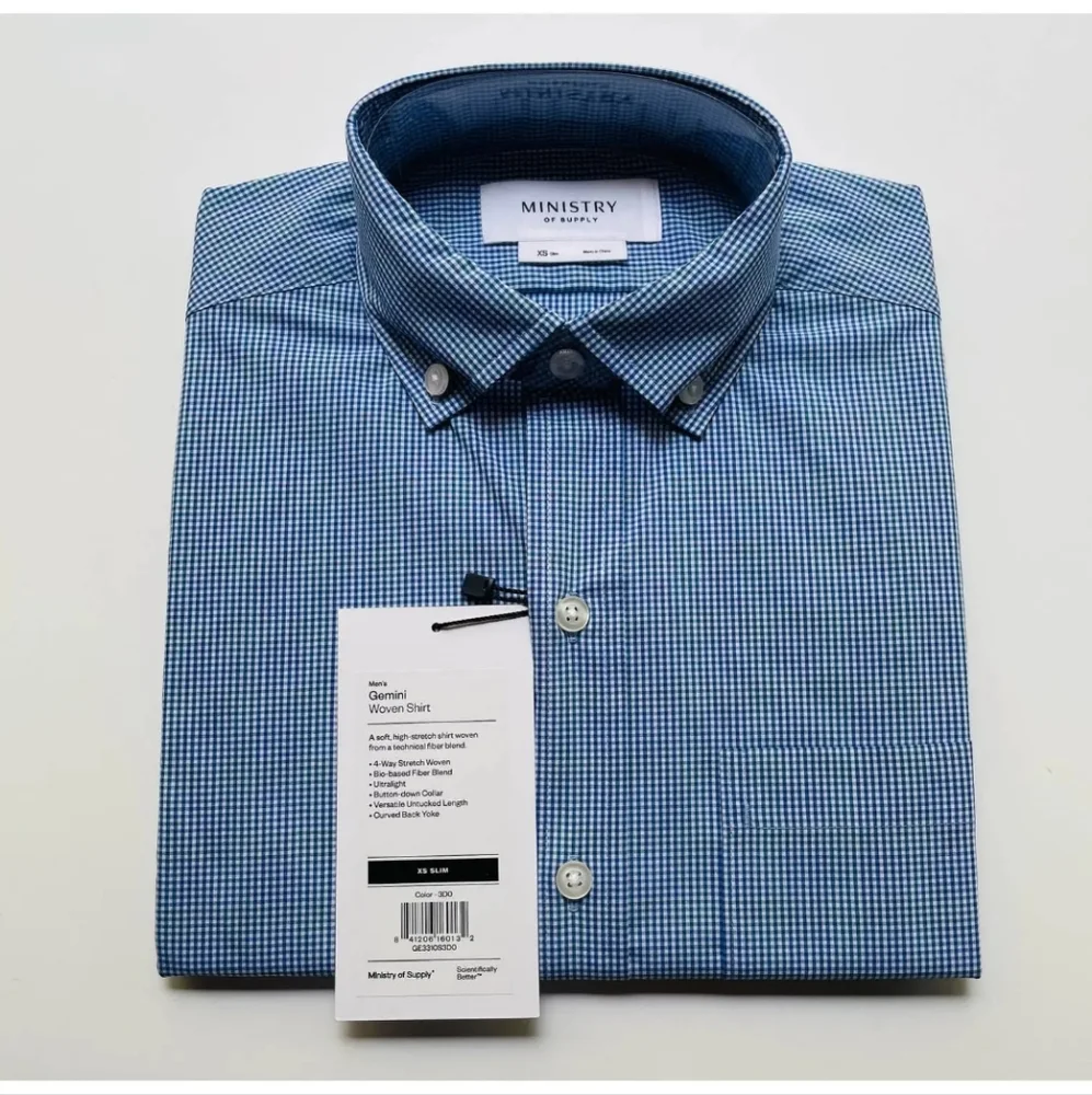 Ministry of Supply Gemini Blue Check Woven Button Down Shirt Size XXL NWT - Picture 1 of 12